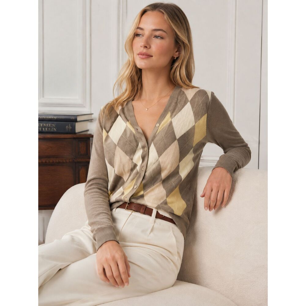 Brooks Brothers Silk Cotton Argyle Cardigan Women M Sweater Preppy Beige